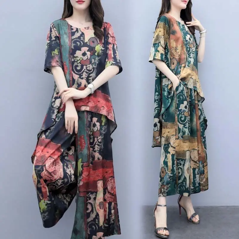 

Женский Повседневный костюм из двух предметов, Свободный Топ с принтом и широкие брюки из искусственного шелка, большие размеры, Y850, на лето,...