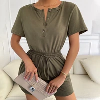 light luxury womens solid color short sleeved jumpsuit 2022 summer drawstring wide leg pants top army green jumpsuits for women