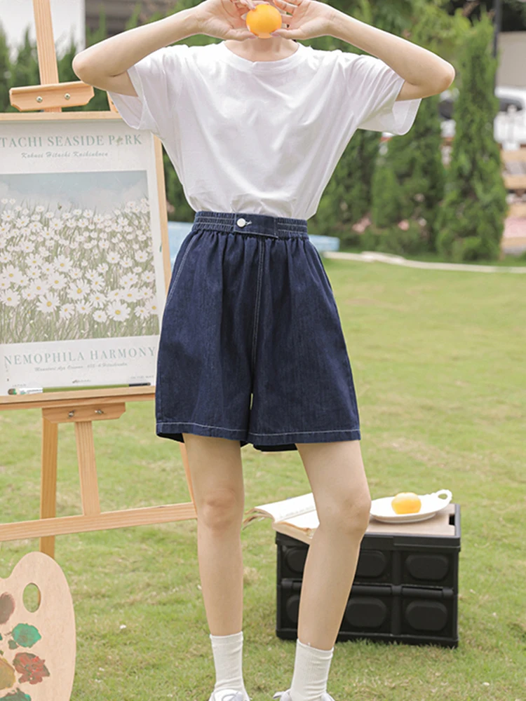 New Spring Summer Women High Waist Loose Retro Denim Shorts Streetwear Female Elastic Button Jeans Shorts Bottoms