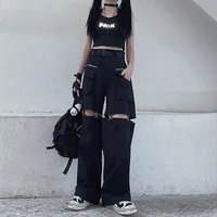 qweek techwear gothic black cargo pants women streetwear hollow out punk wide leg oversize pockets trousers for female hip hop