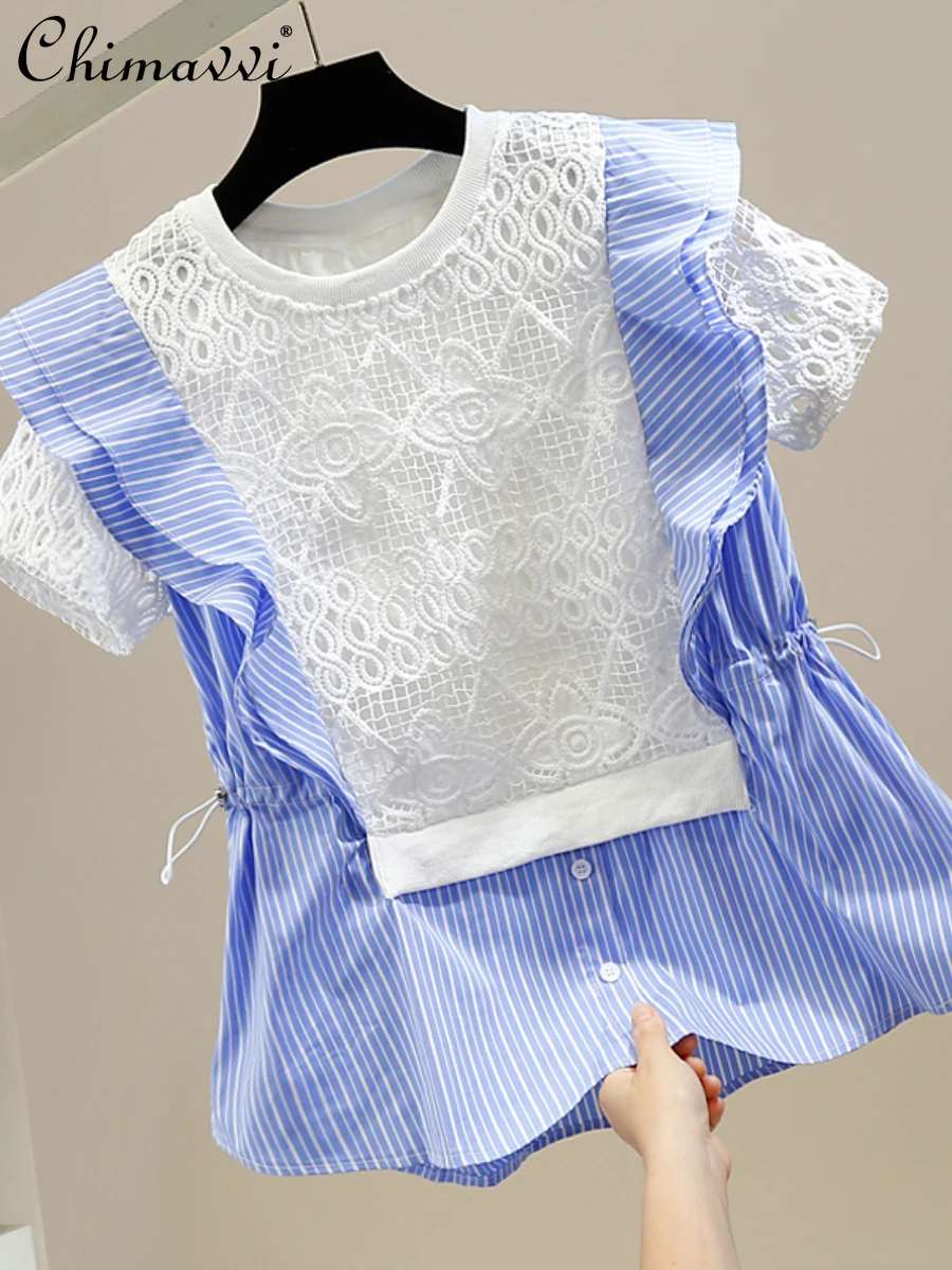 

Hollow Sweet Lace Contrast-Color Patchwork Shirt Fashion Drawstring Slim Round Neck Pullover Short Sleeve Blouse 2022 Summer New