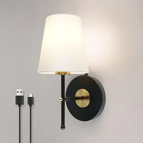 

Battery Operated Sconce No Wired, Rechargeable Lamp with Fabric Shade, Easy to Install Cordless Light Fixtures for Bathroom H