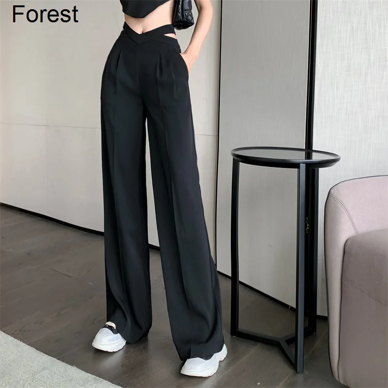 

Женские брюки корейские модные широкие брюки с высокой талией свободные женские Костюмные брюки прямые брюки женские Мешковатые брюки лес