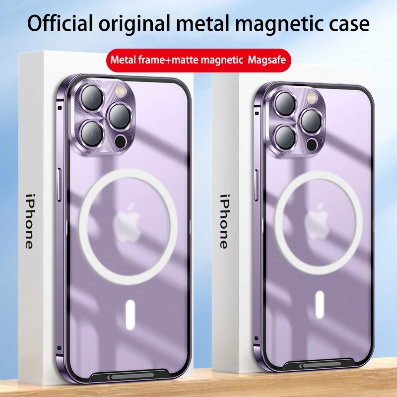 

Металлический магнитный чехол для iphone 14 13 12 Pro Max, новый ультратонкий защитный чехол с рамкой из алюминиевого сплава и HD-стеклом для беспроводной зарядки