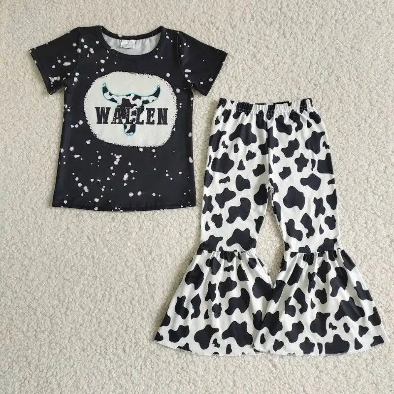 

RTS Spring Baby Girls Clothing Sets Cow Black Short Sleeves Tee Shirt Cow Pattern Bell Pants Pajamas Boutique Outfits Kids Wear