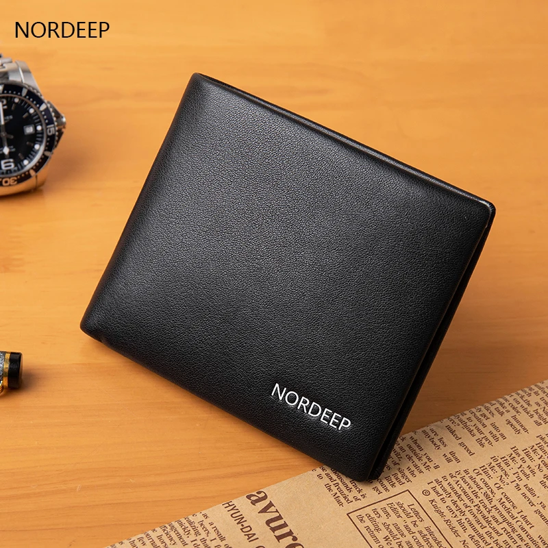 

NORDEEP 100% Genuine Leather Men Wallets Brand Design Real Cowhide Wallets for Man Short Black Walet Portefeuille Homme RFID