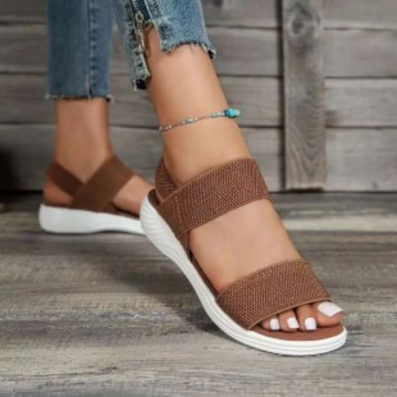 2023 Summer New Women's Casual Sandals Thick Sole Flat Heel Fashion Versatile Large Sandals Elastic Platform Outwear Sandals