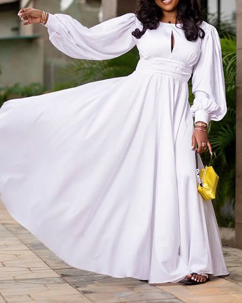 

2022 African Dresses for Women Spring Autumn African Women Long Sleeve White O-neck Polyester Long Dress Maxi Dress
