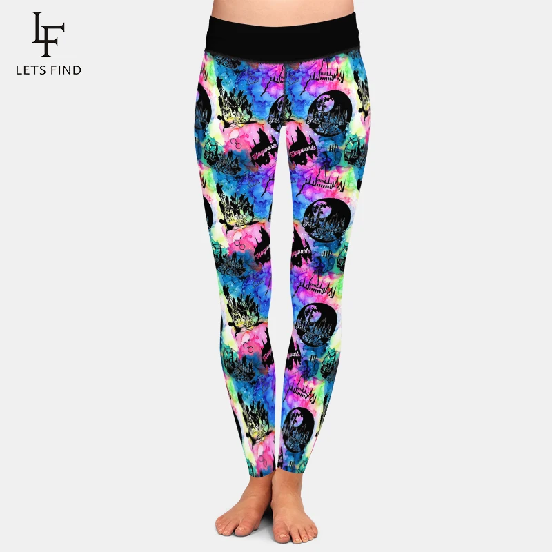 LETSFIND High Quaility 220gsm Milk Silk Print Castle Print Women Pants High Waist Fitness Slim Soft Stretch Leggings