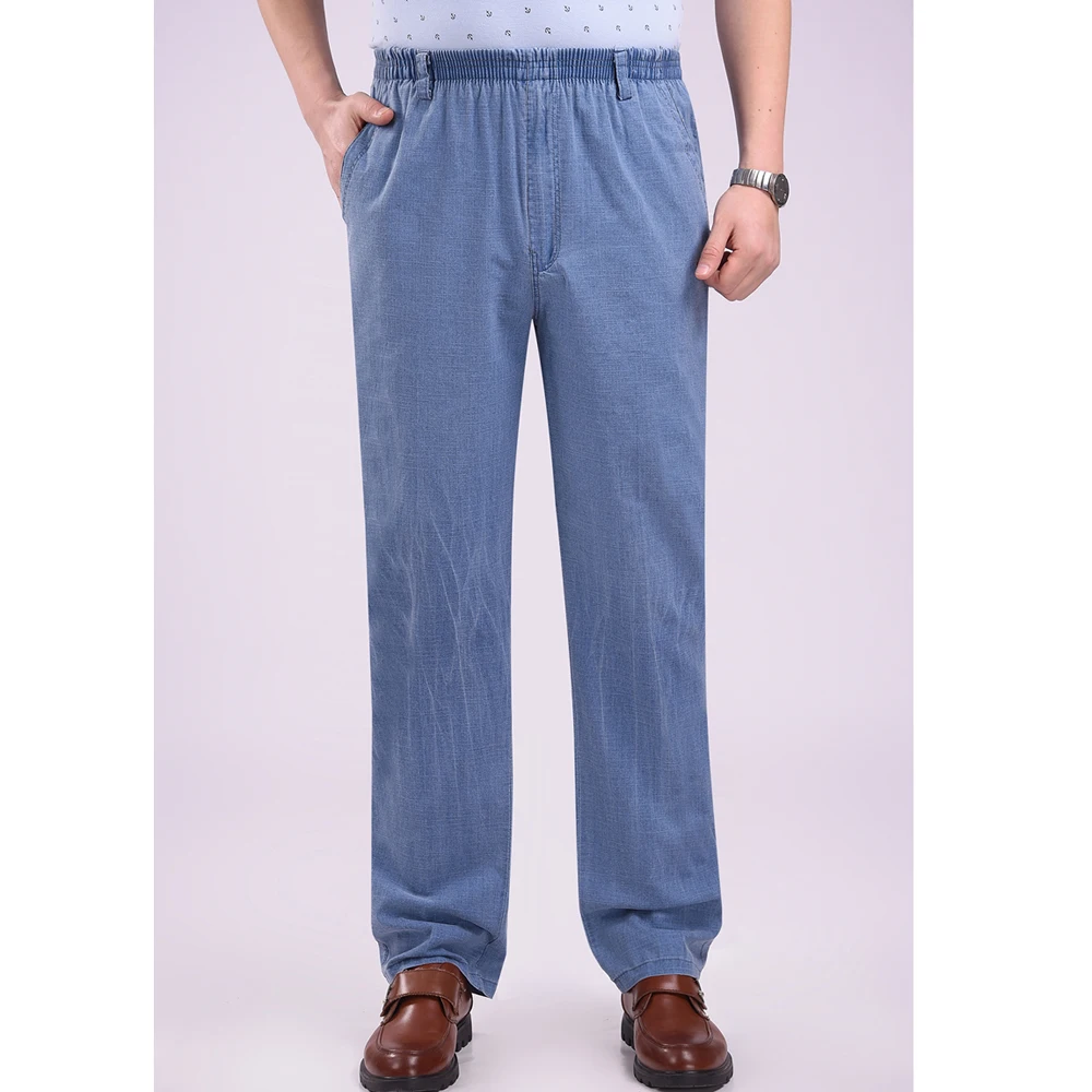 Fashion 2022 Summer Casual Loose Elastic Waist Old Men Linen Elderly High Waist Straight Dad Grandpa Slacks Fat Trousers