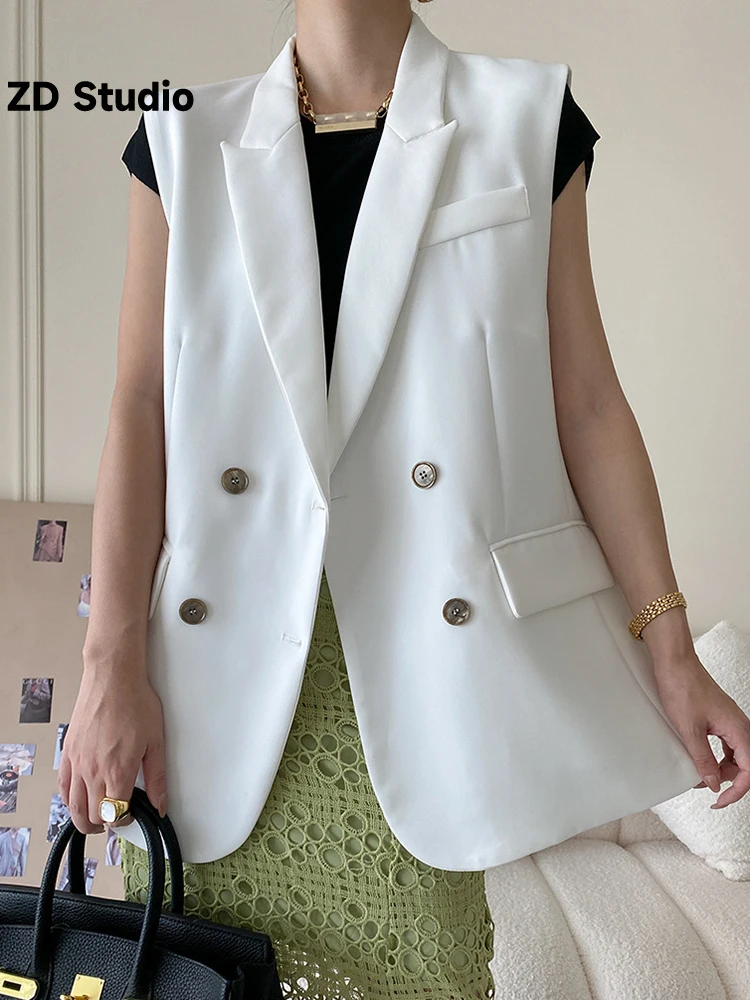 

[ZD Studio] Casual Solid Sleeveless Vest Coat For Women Notched Collar Double Breasted Female Autumn Versatile New Clothing