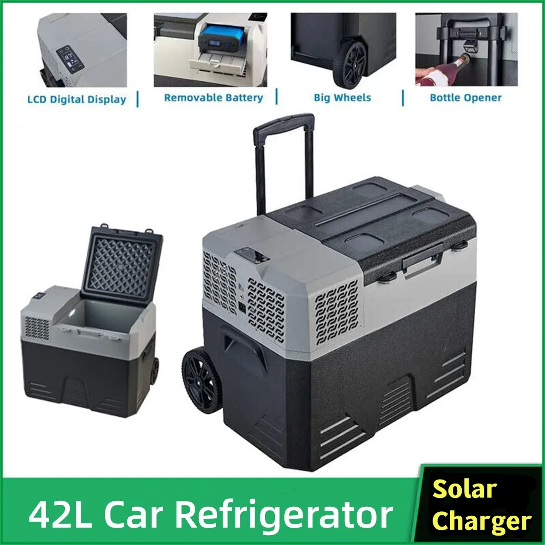 

Treeligo 42L Portable Car Fridge Mini Refrigerator Freezer 12V 24V Solar Charger Board Handle Wheel for Camping Picnics Travel