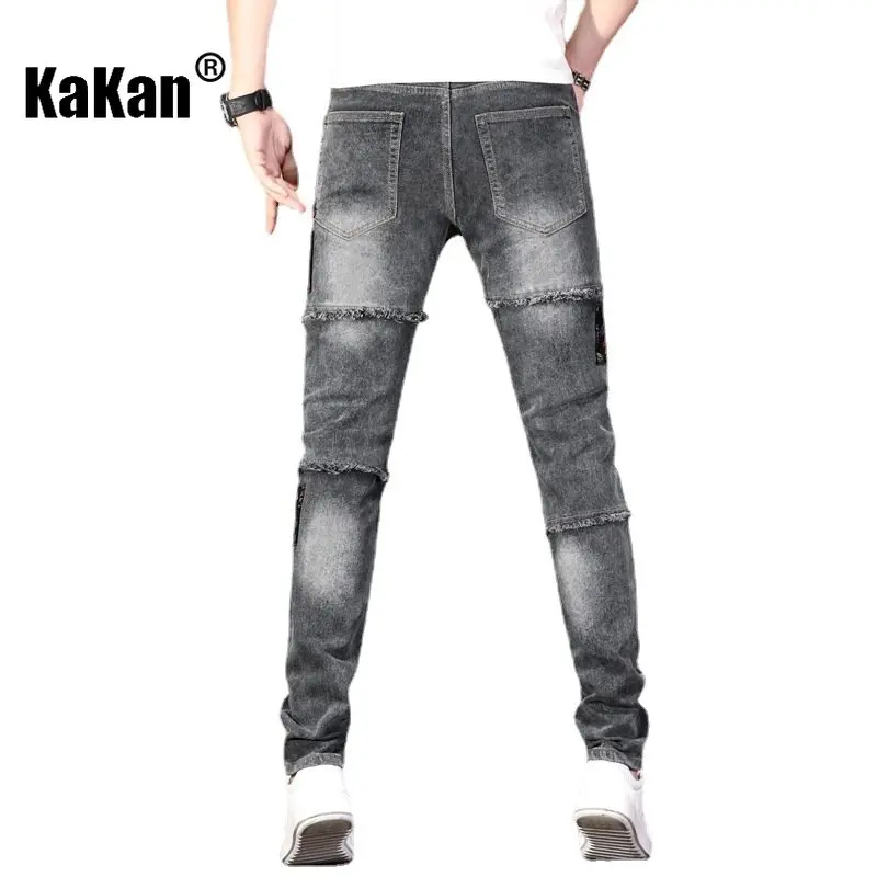 Kakan - New and New Distressed Colorful Printed Patch Jeans for Men, Slim Fit Small Feet Mid Waist Jeans K19-9323