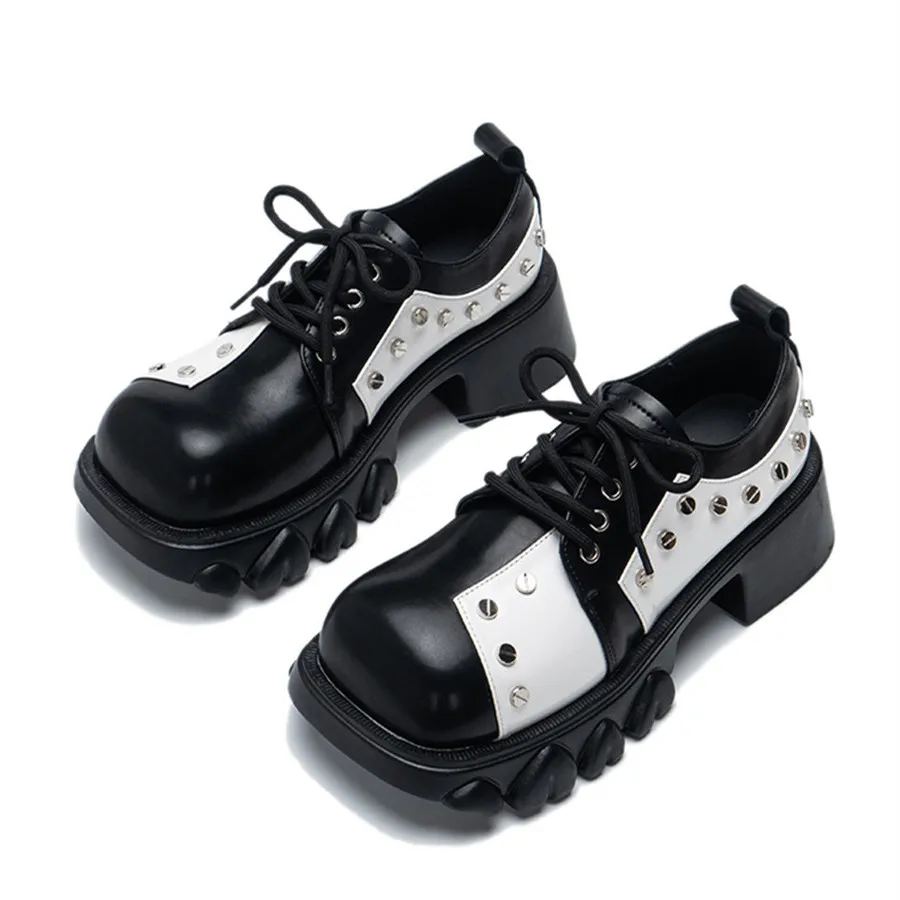 

Туфли-лодочки женские на толстой подошве, кожаные туфли дерби на платформе и шнуровке, с заклепками, с круглым носком, на массивном каблуке