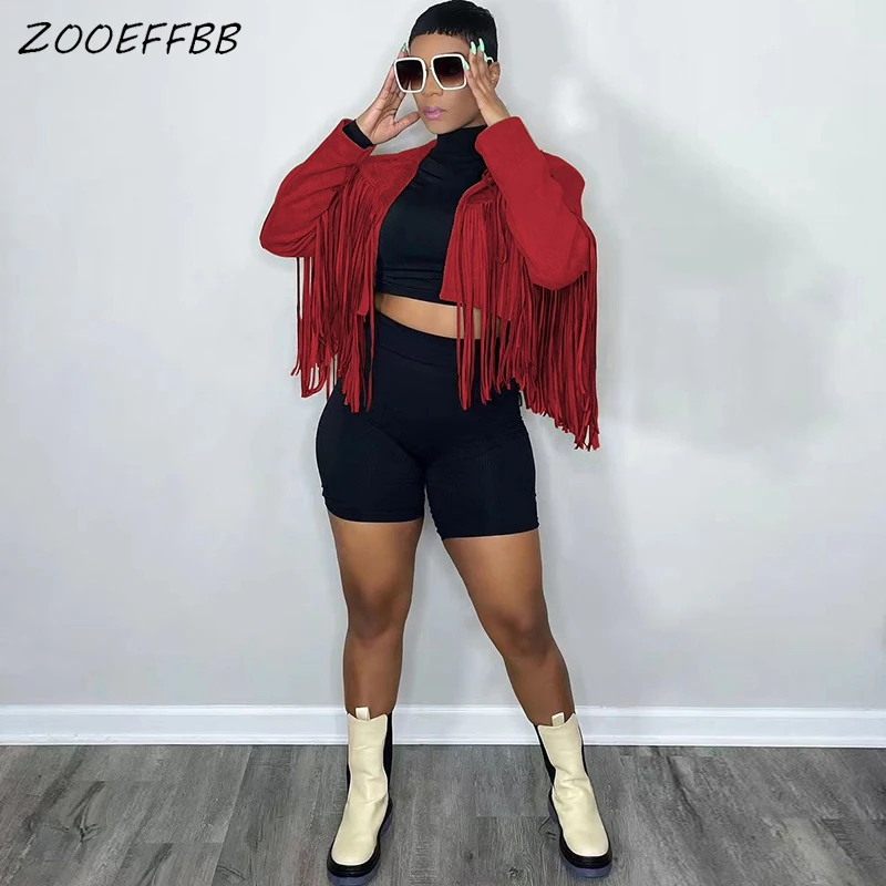 

ZOOEFFBB Sexy Tassel Zip Up Cropped Jacket Long Sleeve Y2k Clothing Women Fashion Streetwear Outfits Vintage Tops Cute Coats