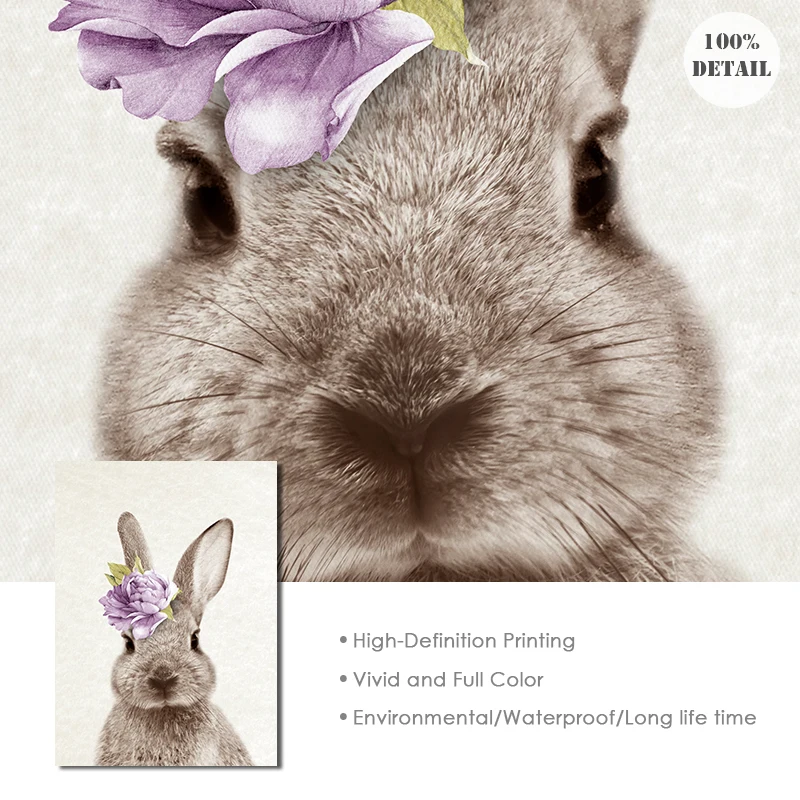 Детский постер с животными красные цветы лиса кролик |