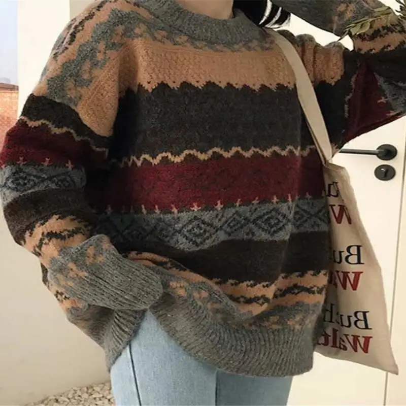 

Vintage Striped Sweaters Women Pullover Winter Jumpers Korean Style Loose Pullover Knitwear Ladies Casual Tops Pull Femme