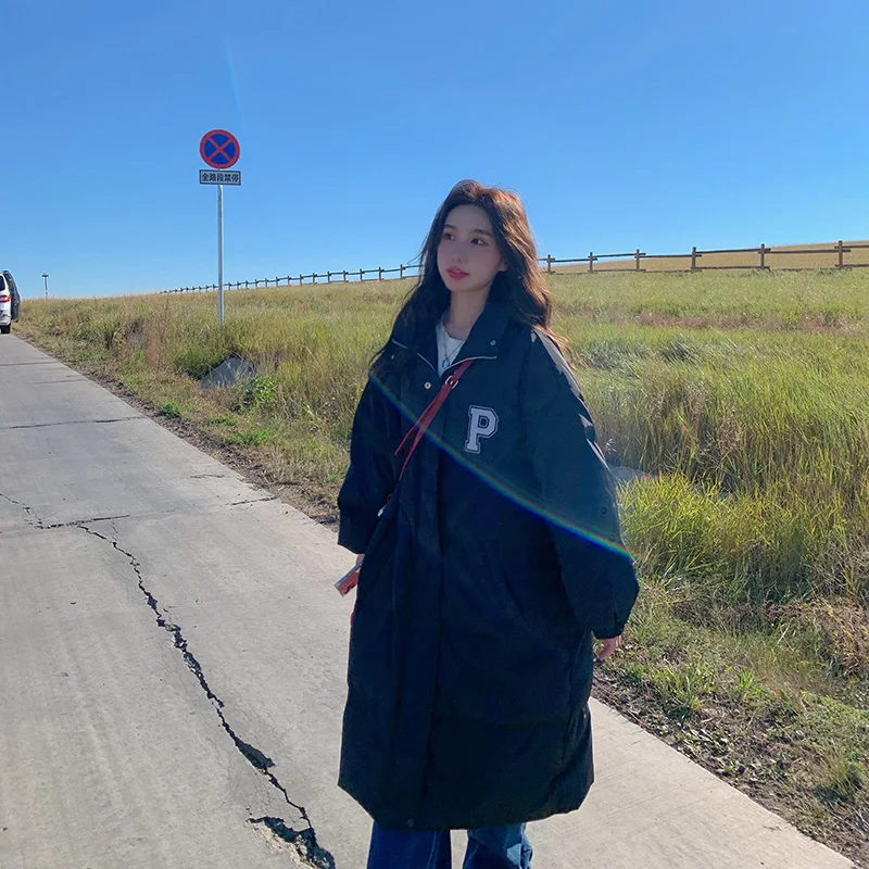 Long Winter Coat Women Fall 2022 Stand Collar Oversized Korean Fashion Letter Jackets Loose Streetwear Thicken Warm Parkas Chic