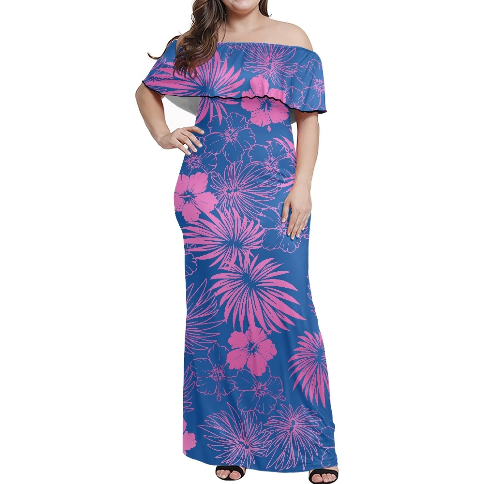 

Polynesian Tribal Samoan Totem Tattoo Samoa Prints Eye-catching Floral Pattern Luxury Cascading Ruffle Long Dress Holiday Beach