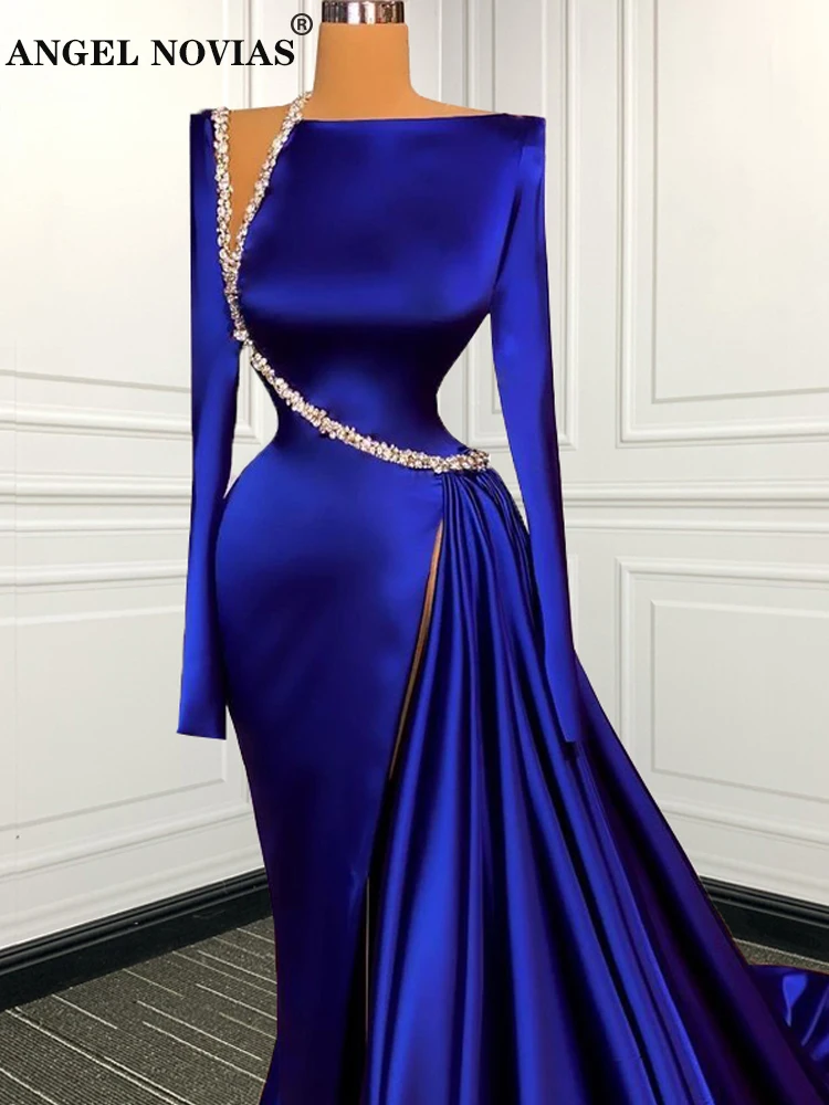 ANGEL NOVIAS Long Sleeve Royal Blue Mermaid Women's Evening Dress 2022 with Crystals Vestidos De Noche