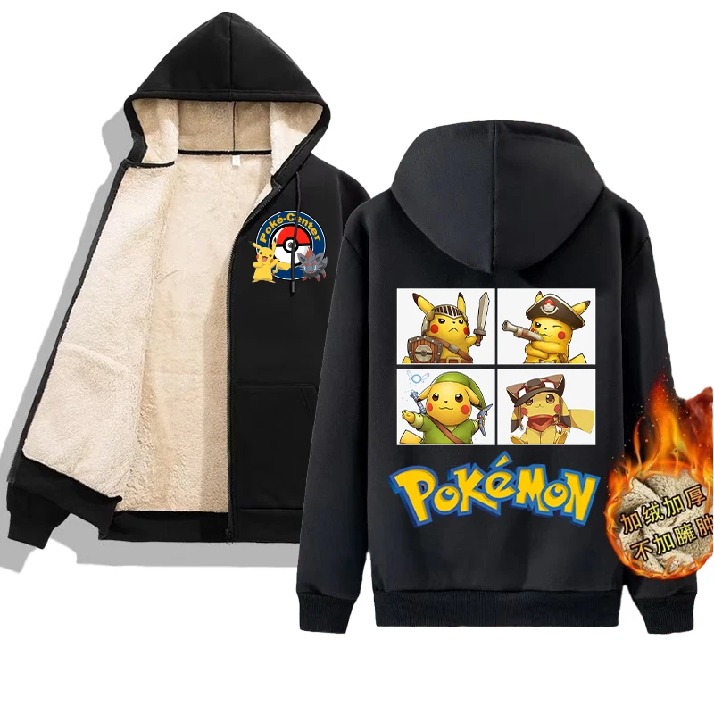 Pokemon Pikachu Lamb Wool Coat for Men Women Anime Cartoon Fashion Zipper Hooded Jacket Boys Girls Winter Warm Hip Hop Coats