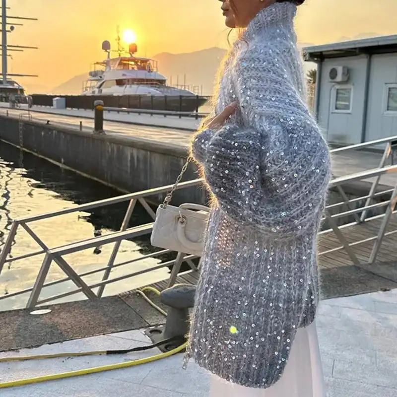 Женский вязаный свитер с однотонными блестками крючком кардиган свитера топы