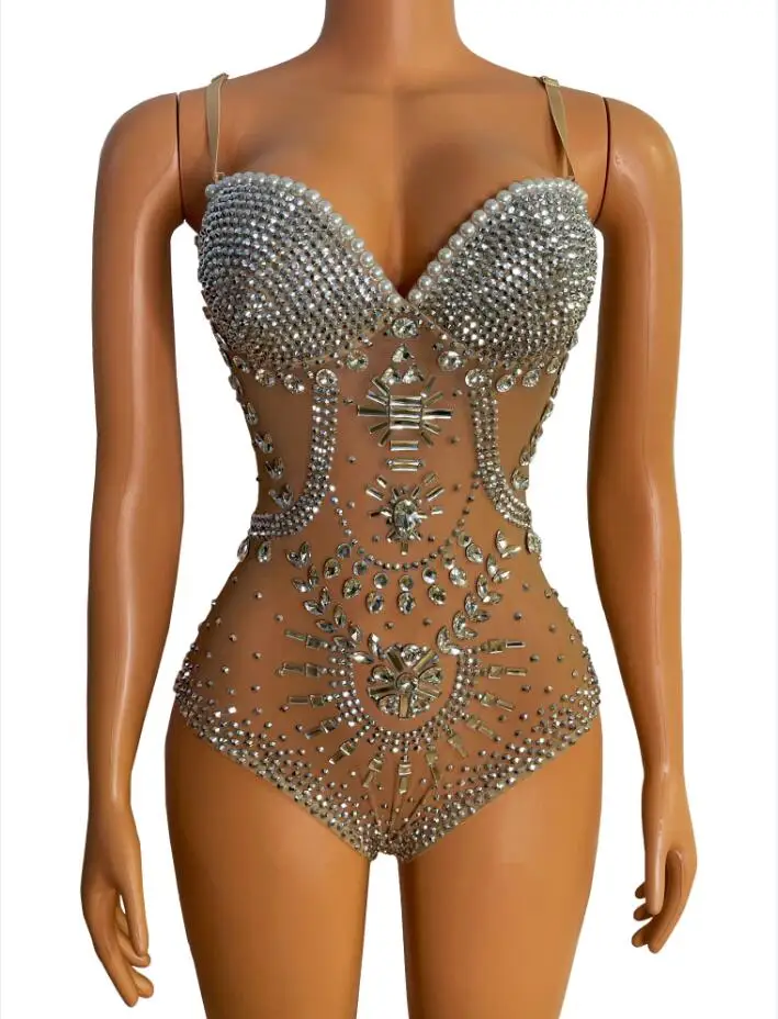 

Sexy Crystals Pearls Nude Mesh Stretch Leotard Female Singer Dancer Show Bodysuit Costume Nightclub Prom Party Stage Wear