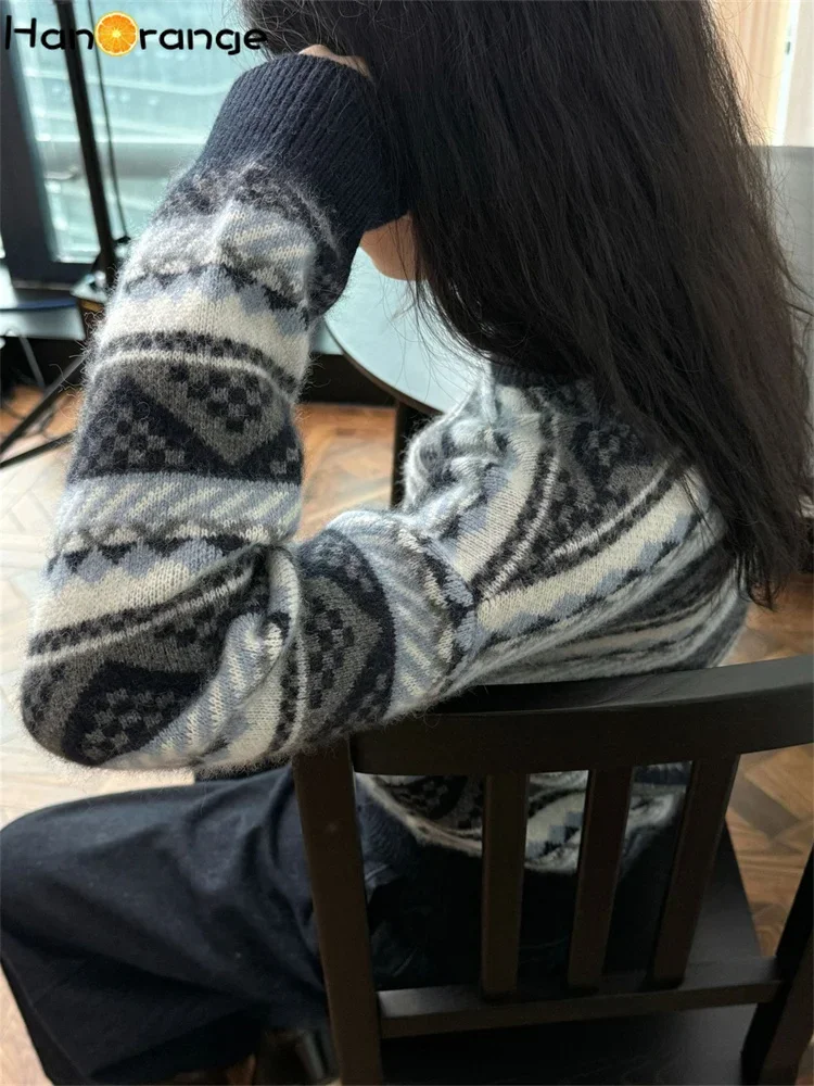 HanOrange 2024 зимний винтажный полосатый жаккардовый шерстяной свитер женский теплый