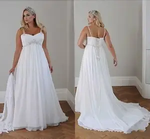 Modest Plus Size Wedding Dresses Beach Chiffon Floor Length Spaghetti Straps Lace-up Back Simple Elegant Boho Bridal gown