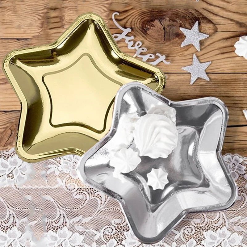 

10pcs Disposable Tableware for Wedding Decoration Gold Silver Star Paper Plate Cake Tray Baby Shower Birthday Party Supplies