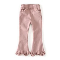 kids little girls pants fashion elastic waistband solid color slim fit bell bottom trousers tassel hem ankle length pants