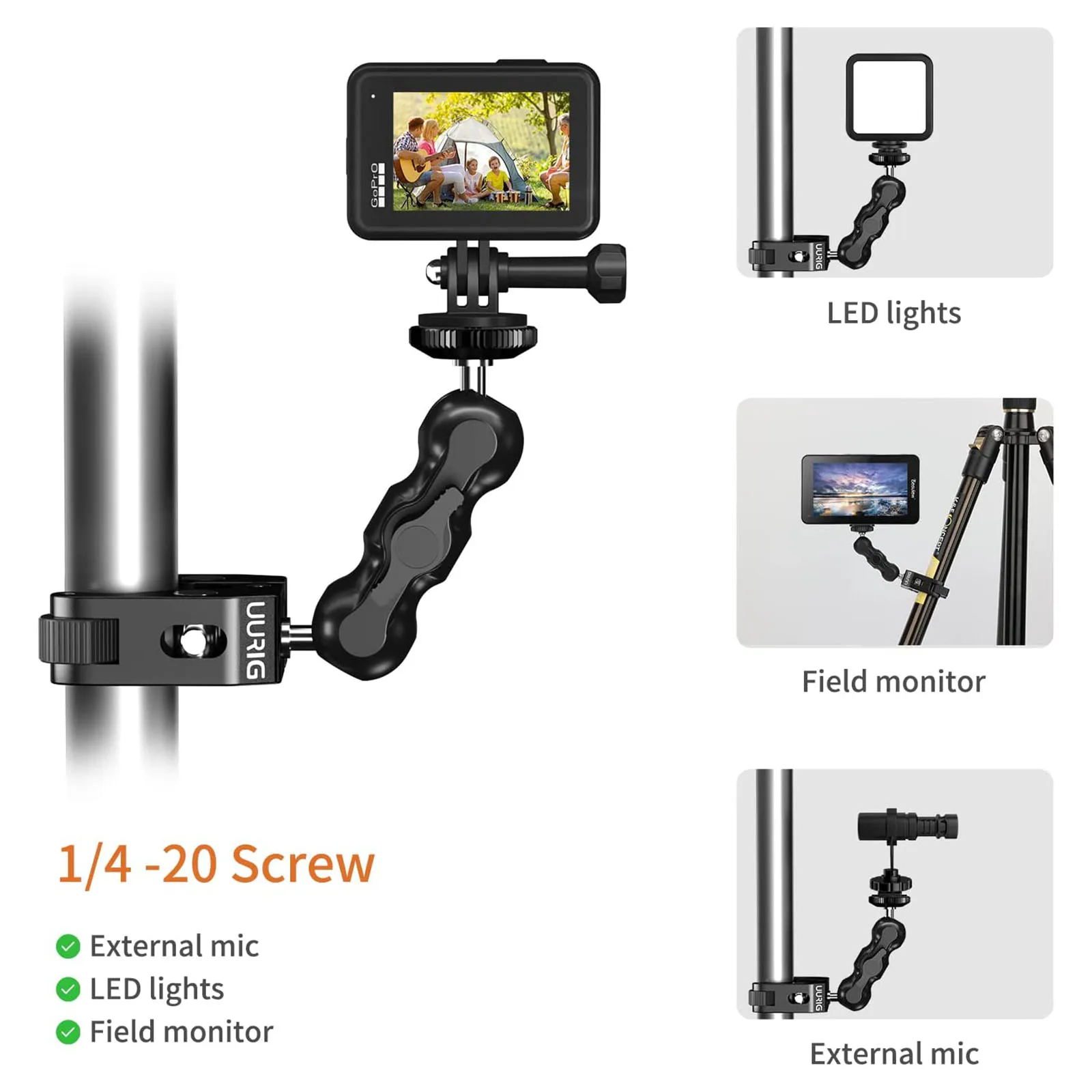 

UURIG BH-09 Magic Arm Super Clamp Mount 360 шаровая Головка адаптер с двойной шаровой головкой с резьбой 1/4 дюйма для камеры Canon Nikon DSLR