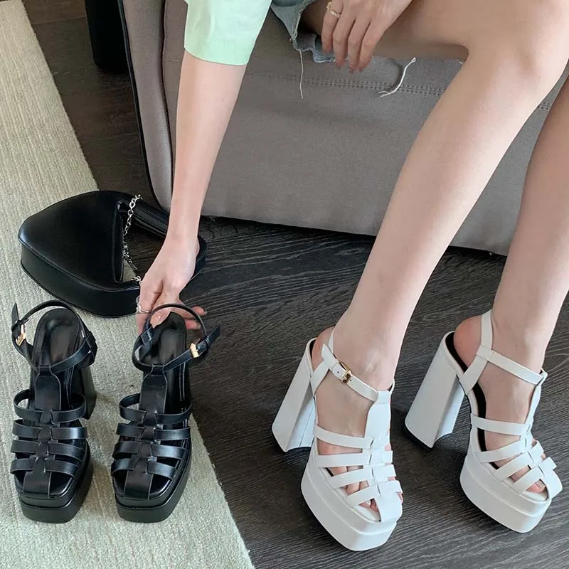 

High Heels 14cm Plus Size Sandals Sexy Ladies Fashion Square Toe Female Slides Casual Party Buckle Platform Pumps Women Shoes