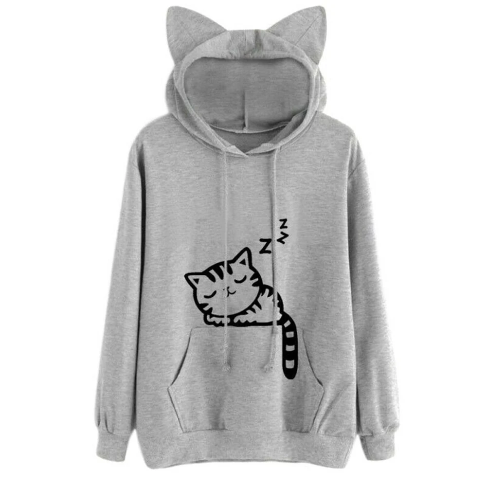 2022 Newest Women Cat Printed Long Sleeve Hoodies Pullover Autumn Winter Sweatshirt Tops Warm