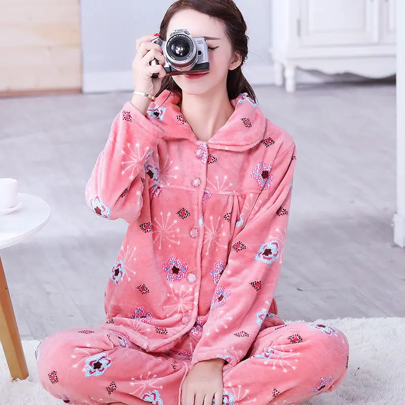 Winter Pajamas Set For Women Sleepwear Warm Flannel Long Sleeves Pink Pijama Nightgown Long Pant Sleepwear Homewear