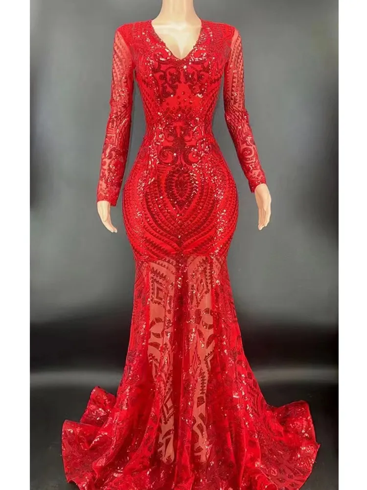 

Женское облегающее платье с блестками, черное, золотистое, красное платье с длинным рукавом и V-образным вырезом, элегантное вечернее праздн...