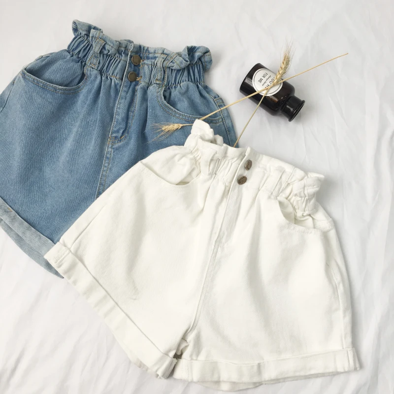 

Women's High Waist Denim Shorts, Casual Fashion Buttons, Loose Fit, Elastic Waist Pockets, Blue And White, Summer 2023