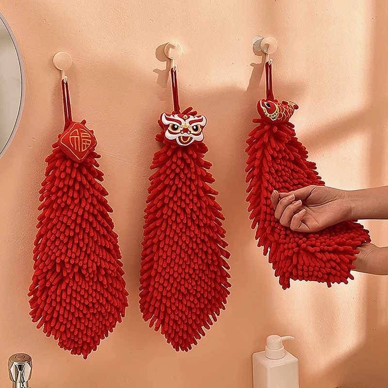

Christmas Red Chenille Fluffy Hanging Hand Towels Quick-Drying Cute Cartoon Chinese Red Hand Towel Soft Absorbent Microfiber