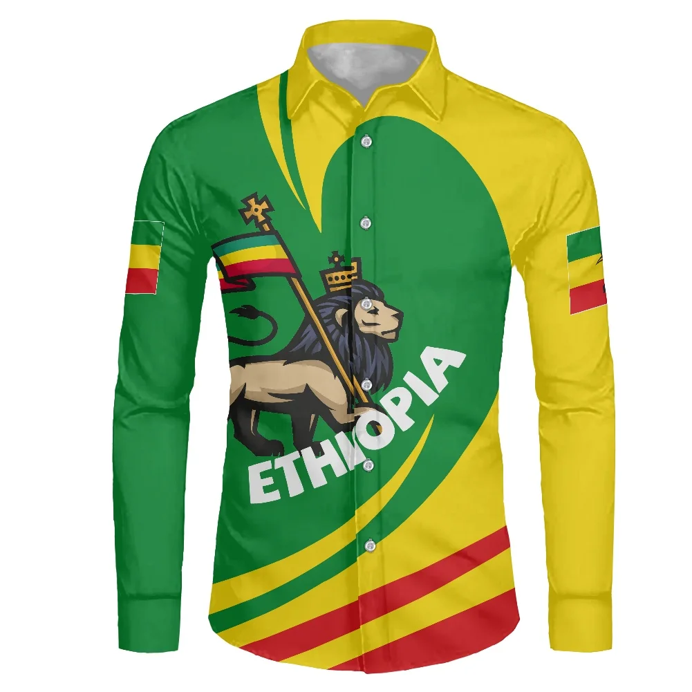 Ethiopian Flag Print Men's Shirt Men Long Sleeve Shirt Fall Fashion Streetwear Party yellow Green Shirt For Men 2022 Design
