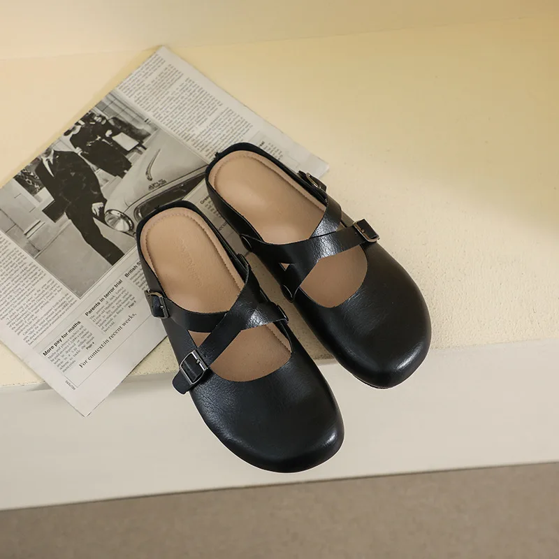 Retro Casual Soft Bottom Women's Muller Shoes Literary Round Head Flat Shoes Japanese Cute Girls Large Size Baotou Half Slippers