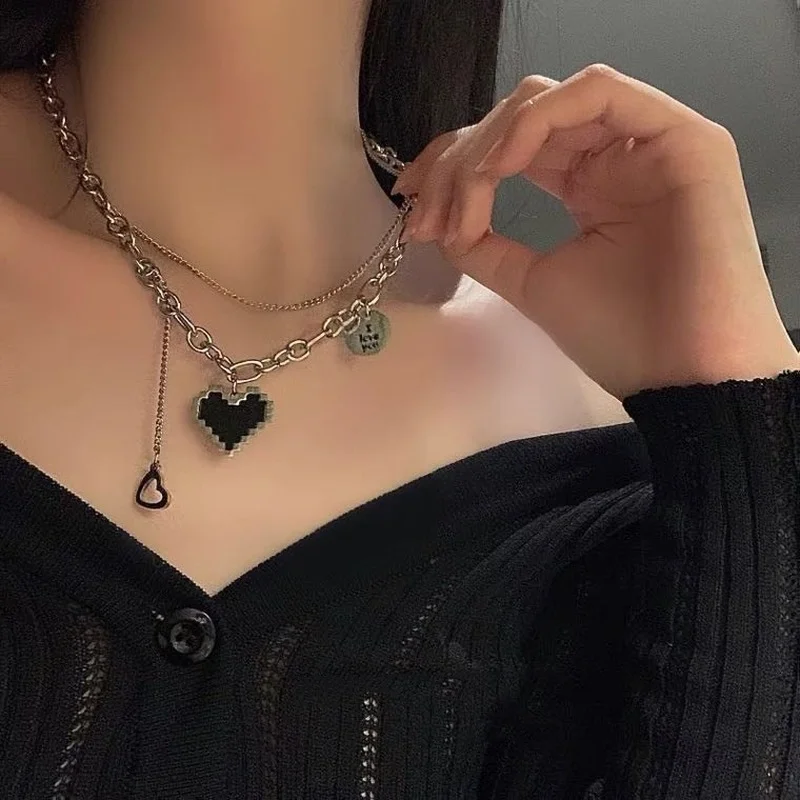 

2022 New Senior Fashion Women Pendant Necklaces Fine Double Link Chain Metal Heart Party Choker Layered Necklace Jewelry Gift