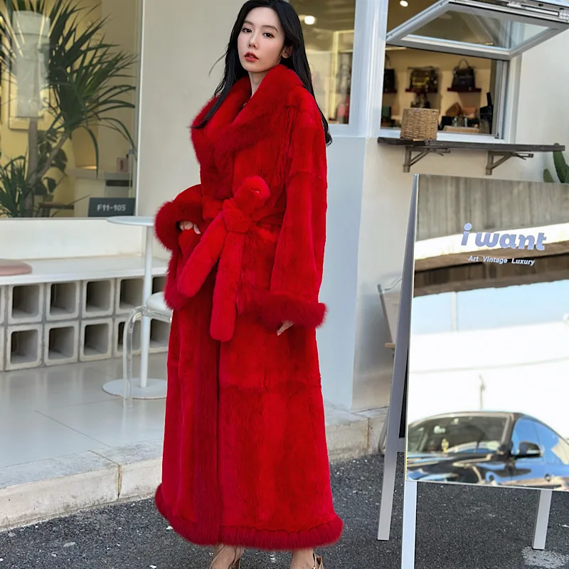 Женское длинное пальто из натур. Кожи зимнее натурального меха кролика рекс с