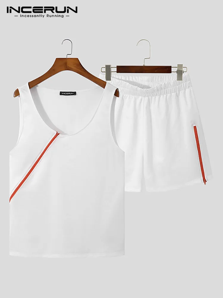 INCERUN 2023 Comfortable Homewear Men's Zip Contrast Color Vests Shorts Suit 2 Pieces Fashion Casual Male Streetwear Suits S-5XL