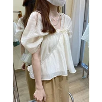 women blouse korean fashion 2022 summer new pretty and chic fold loose solid color thin short sleeve shirts lady tops streetwear