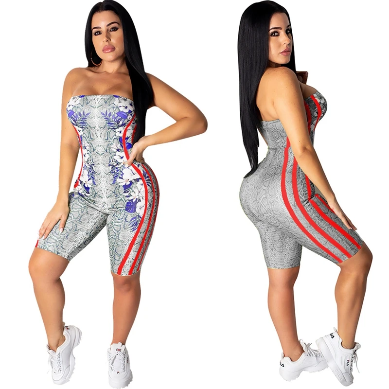 Сексуальный женский комбинезон летний обтягивающий с цветочным принтом