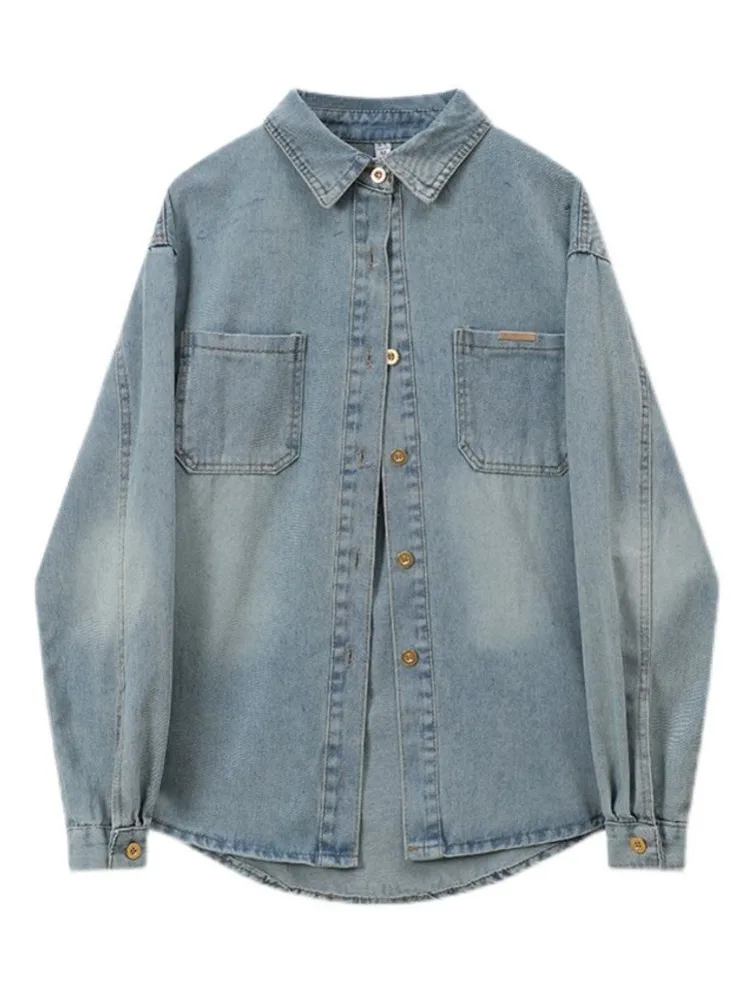 

Женская джинсовая рубашка в стиле ретро, Повседневная тонкая мягкая рубашка с длинным рукавом и градиентом, в американском винтажном стиле, весна-осень