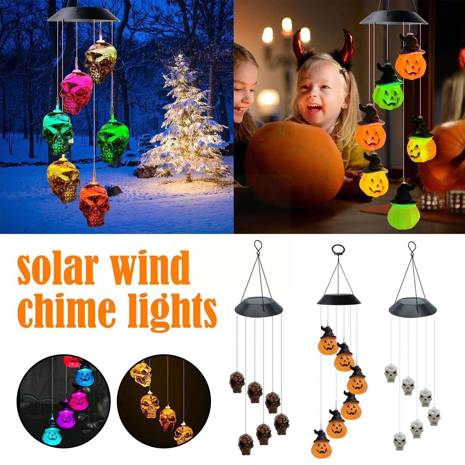 

1PC Solar Skeleton Skull Wind Chimes Light LED Color Garden Light Decor Decoration Party Home Lamp Deco Changing Night Hall Z8F6