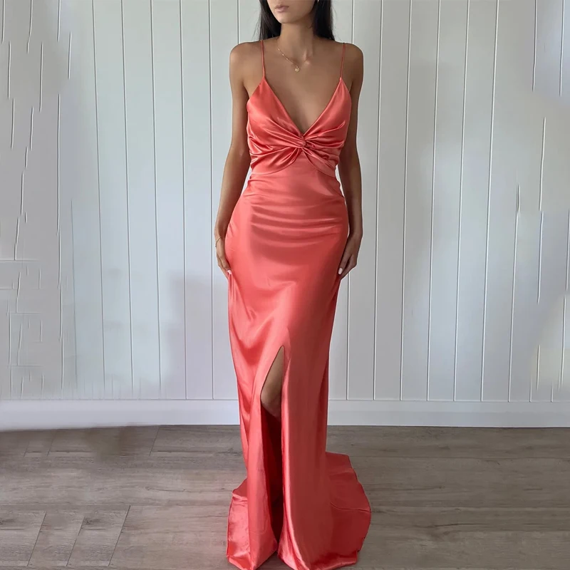 

EVERBELE Woman Dresses Summer Sexy Backless Sleeveless V-neck Sling Slim Elegant Female Solid Color Slit Long For Evening Party