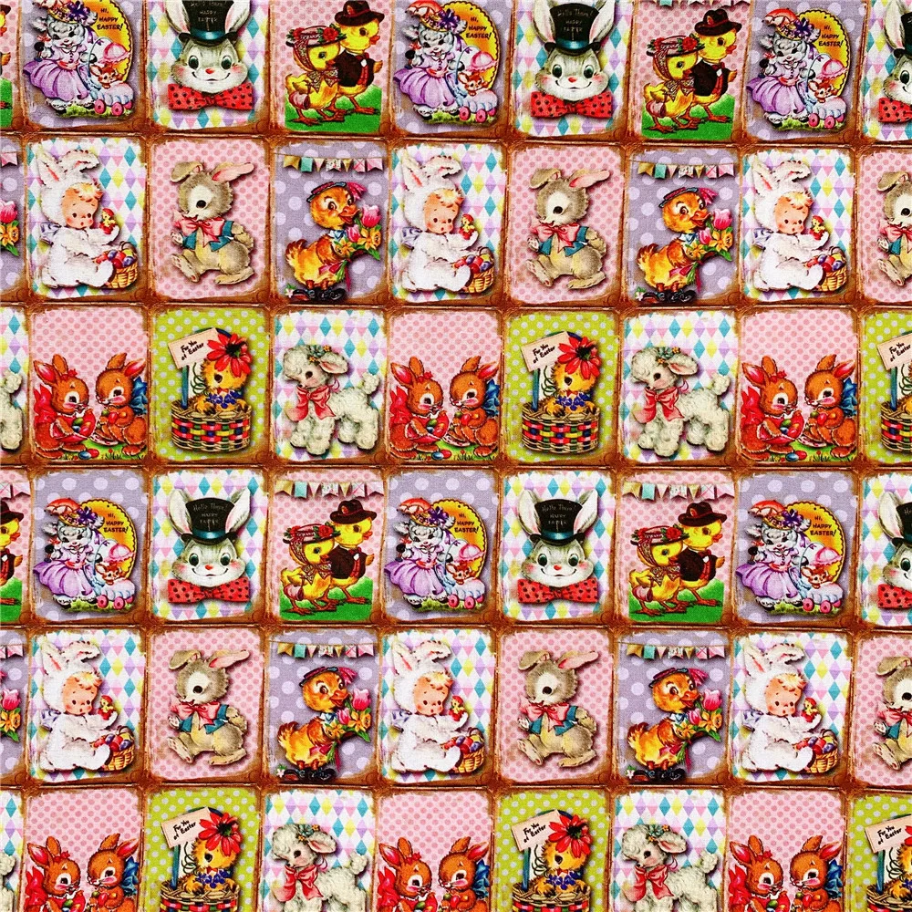 Ткань из хлопка с печатью винтажных животных Утка и Зайчик для шитья, квилтинга, пэчворка, рукоделия, самостоятельного изготовления маски и головных платков.