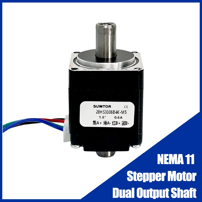 

4-выводной шаговый двигатель NEMA11, 6 Н.см, шаговый угол 1,8 ° Длина корпуса 33 мм, 0,6 А, двойной выходной вал, двигатель вала с внутренним резьбовым отверстием